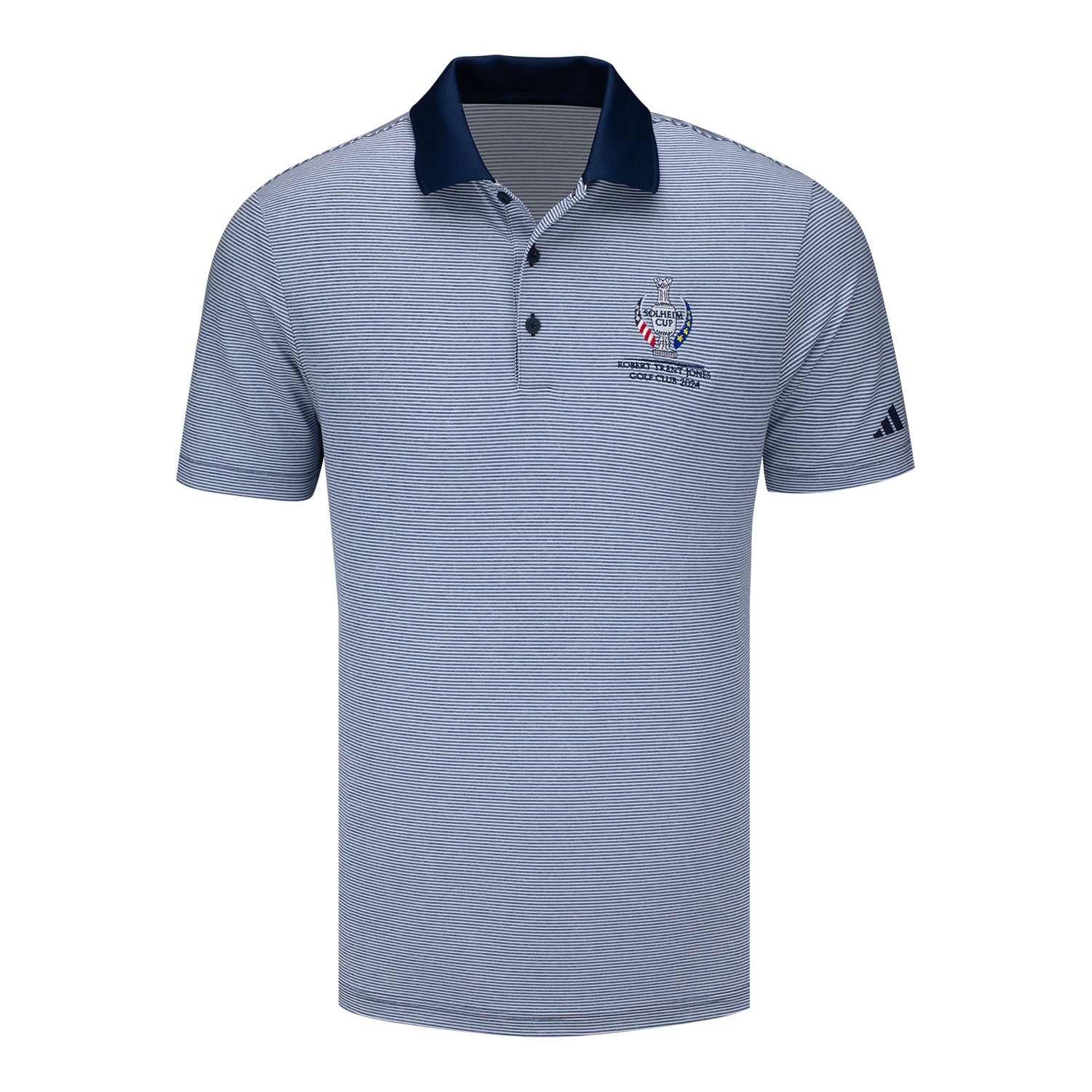 Adidas 2024 Solheim Cup Ottoman Stripe Polo in Navy and White - Front View